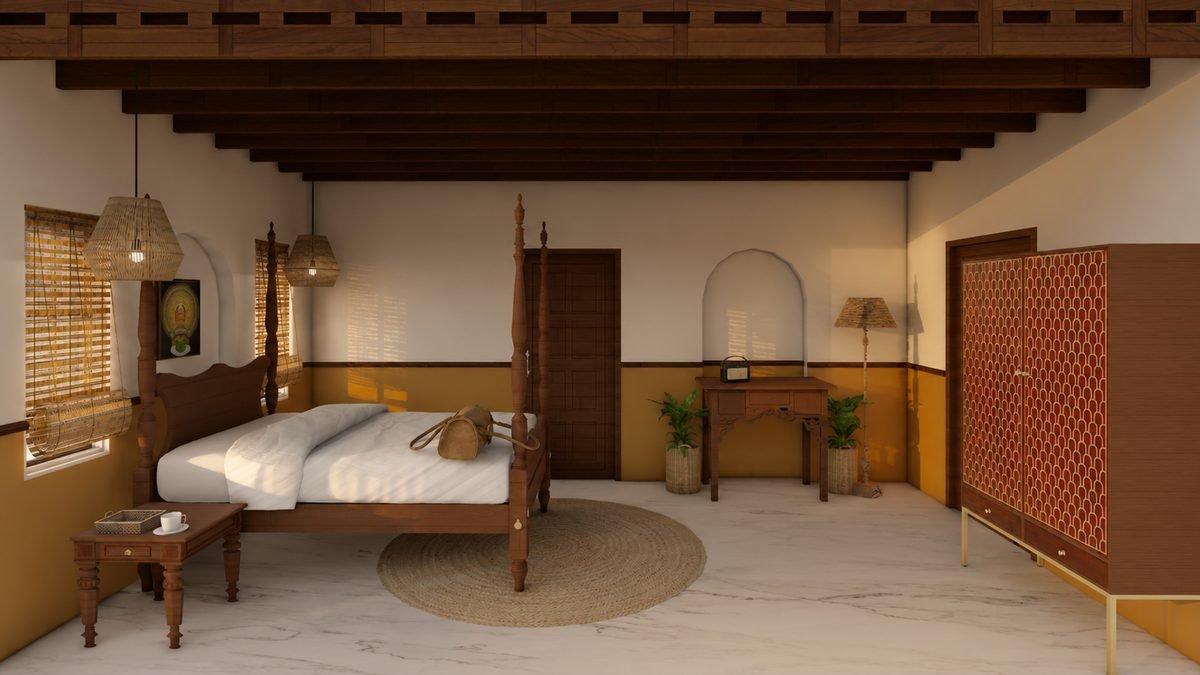 Guest room with traditional Kerala timber ceiling and four-poster bed