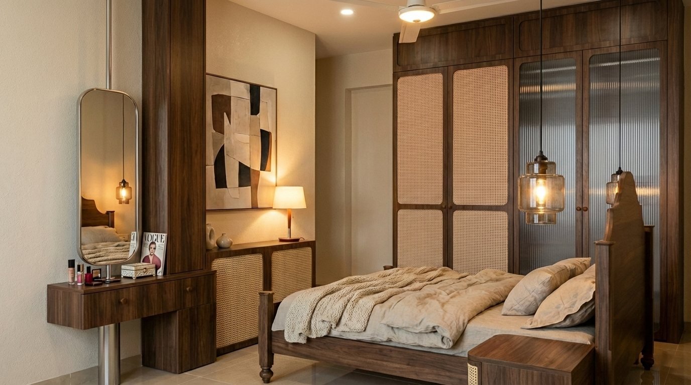 Bedroom interior by Kathasaram — walnut joinery and cane panelling